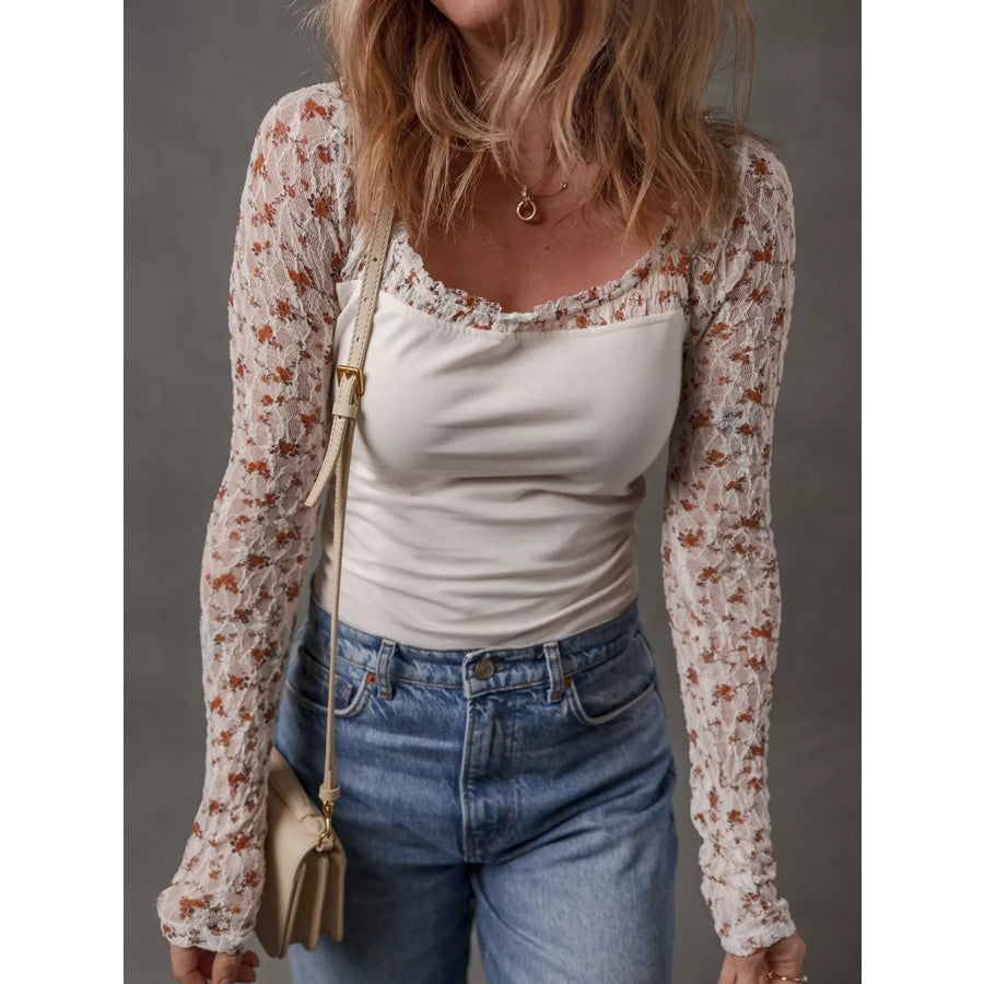 Floral Lace Patchwork Square Neck Long Sleeve Top White / S Apparel and Accessories