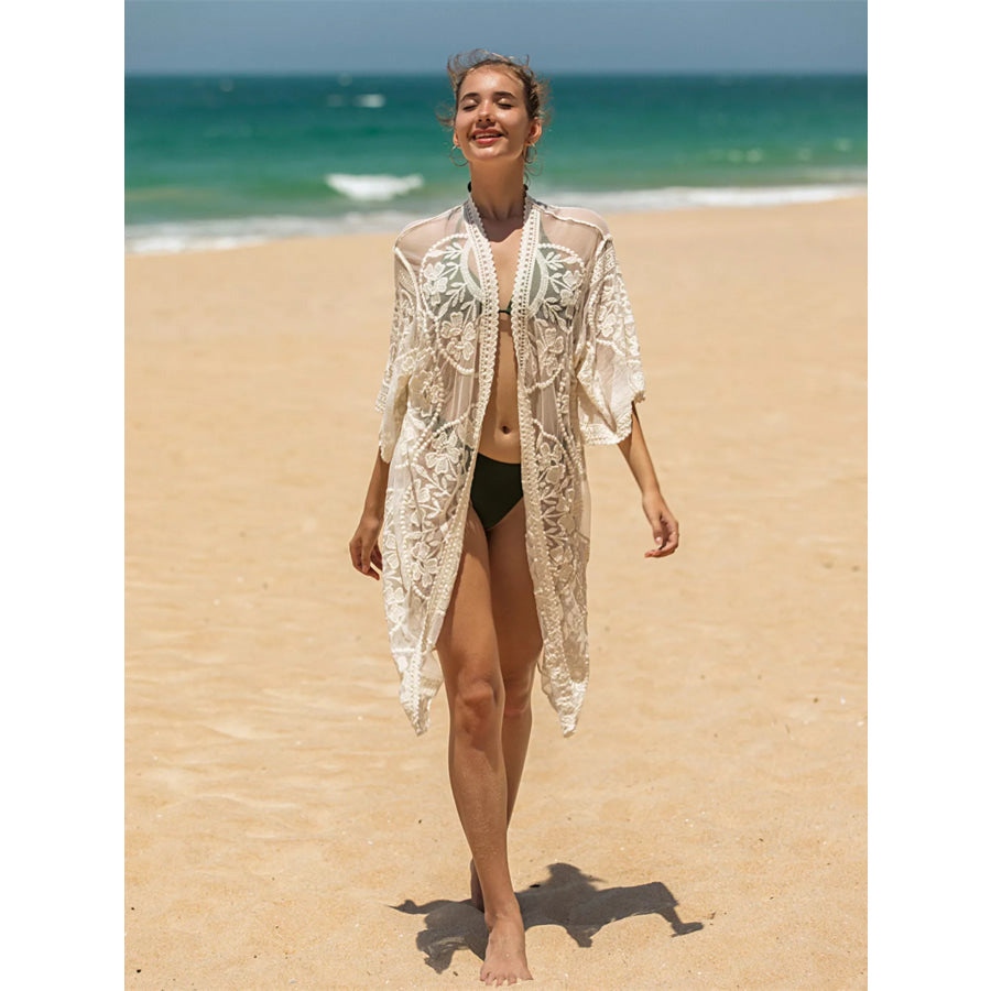Floral Lace Sheer Kimono Cover-Up Apricot / One Size Apparel and Accessories