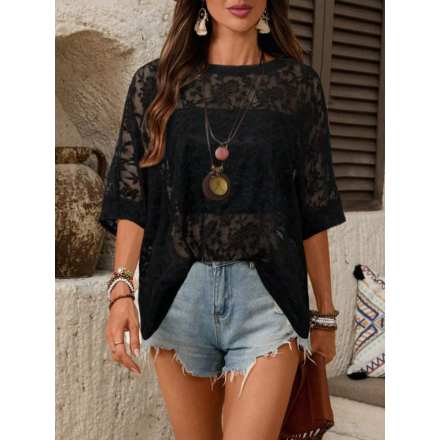 Floral Lace Sheer Round Neck Top Apparel and Accessories