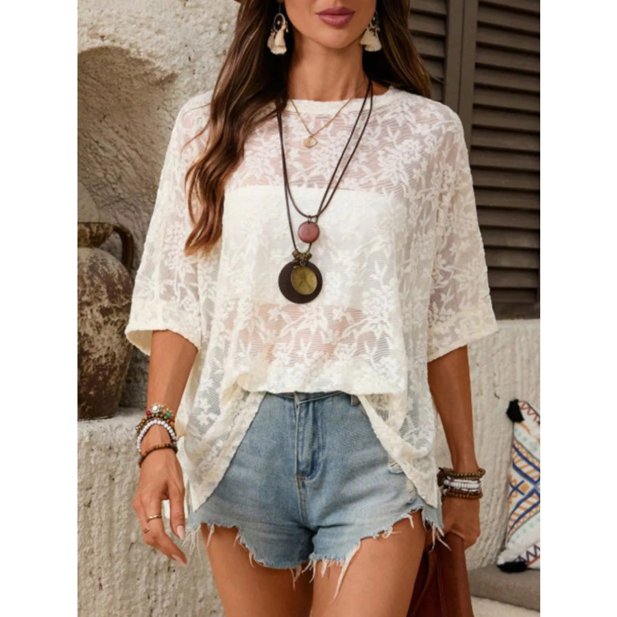 Floral Lace Sheer Round Neck Top Apparel and Accessories
