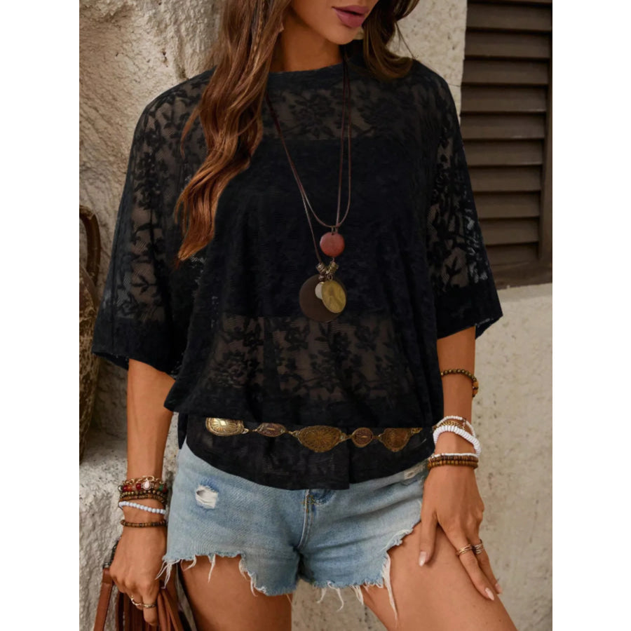 Floral Lace Sheer Round Neck Top Apparel and Accessories