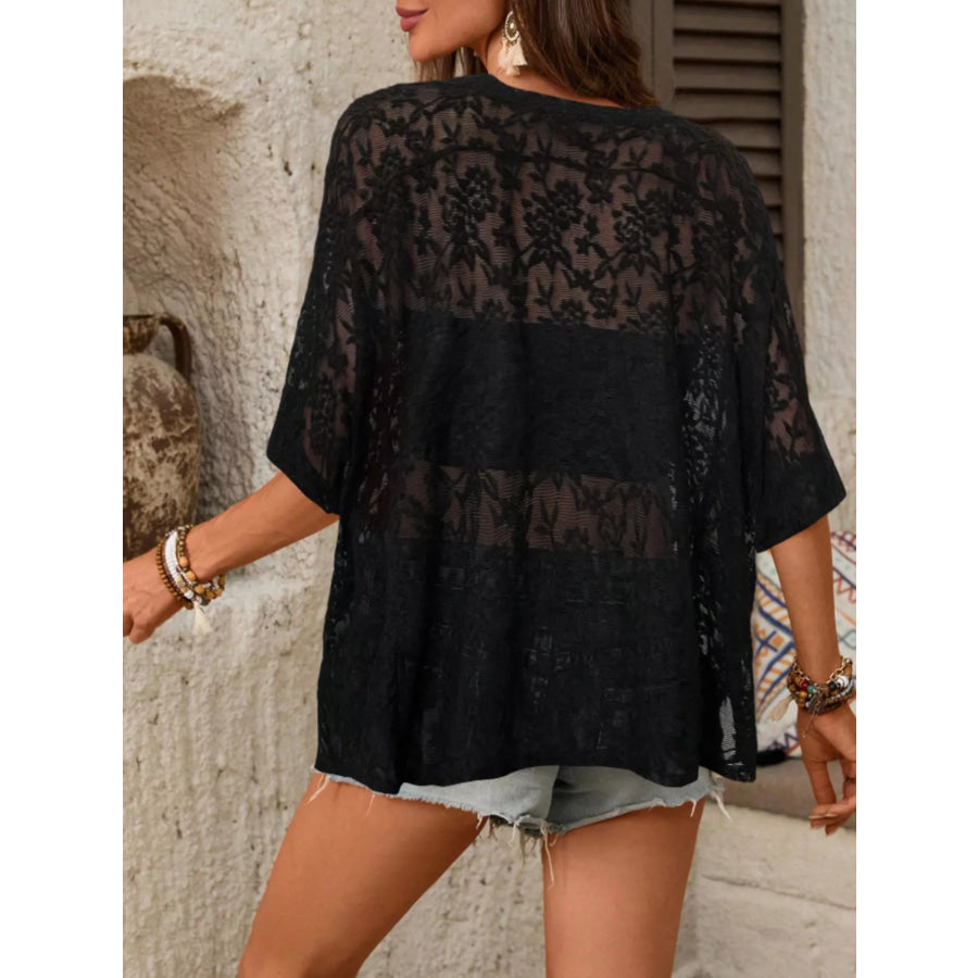 Floral Lace Sheer Round Neck Top Apparel and Accessories
