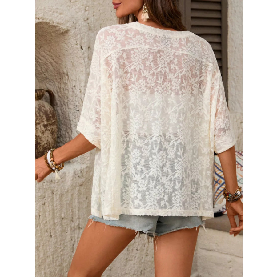 Floral Lace Sheer Round Neck Top Apparel and Accessories