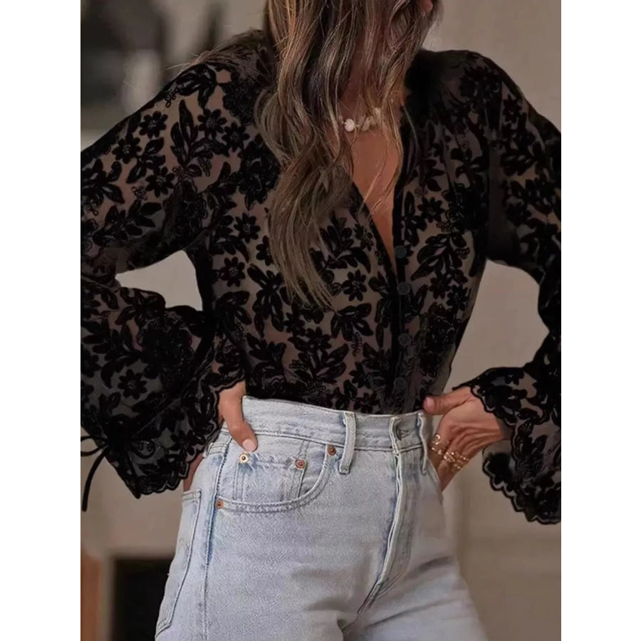 Floral Lace Sheer Shirt Black / S Apparel and Accessories