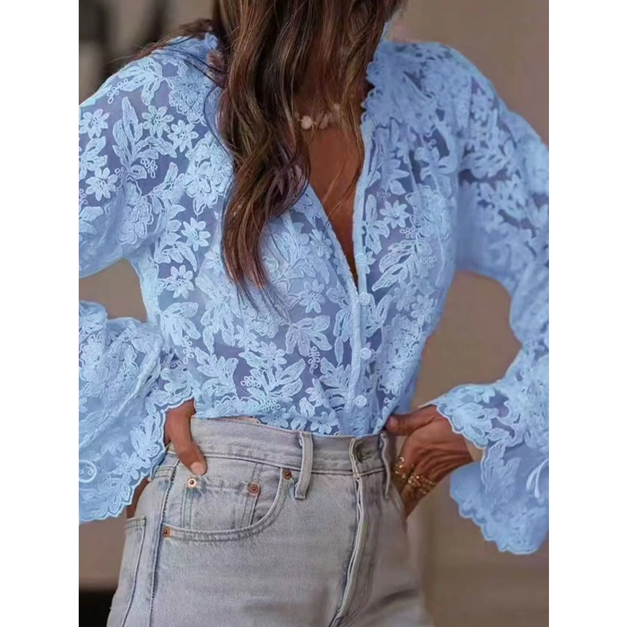 Floral Lace Sheer Shirt Blue / S Apparel and Accessories