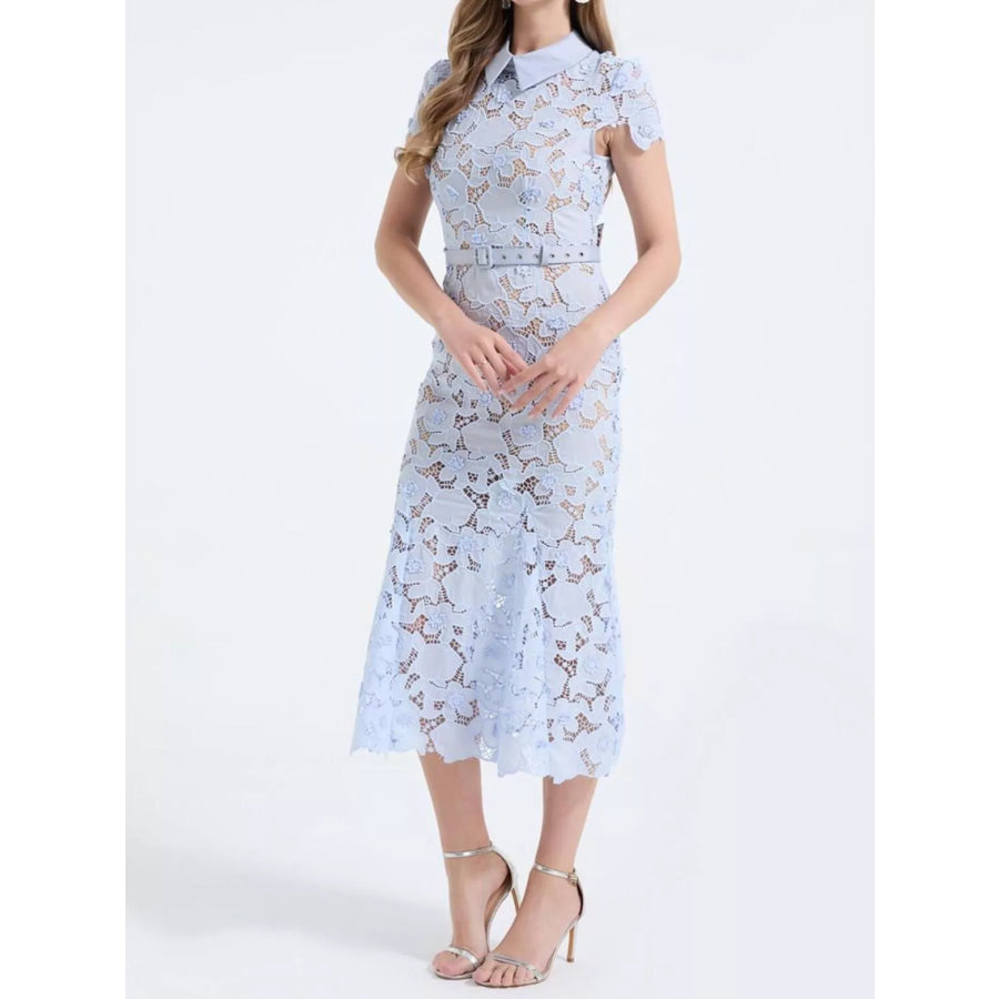 Floral Lace Short Sleeve Midi Dress Apparel and Accessories