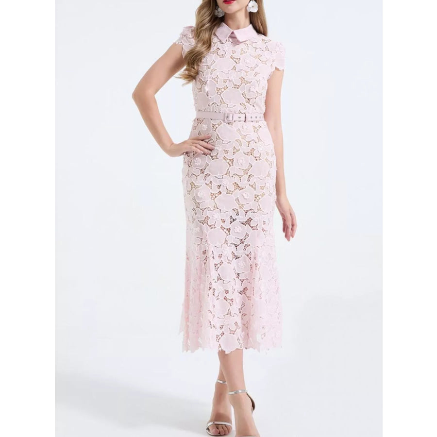 Floral Lace Short Sleeve Midi Dress Apparel and Accessories