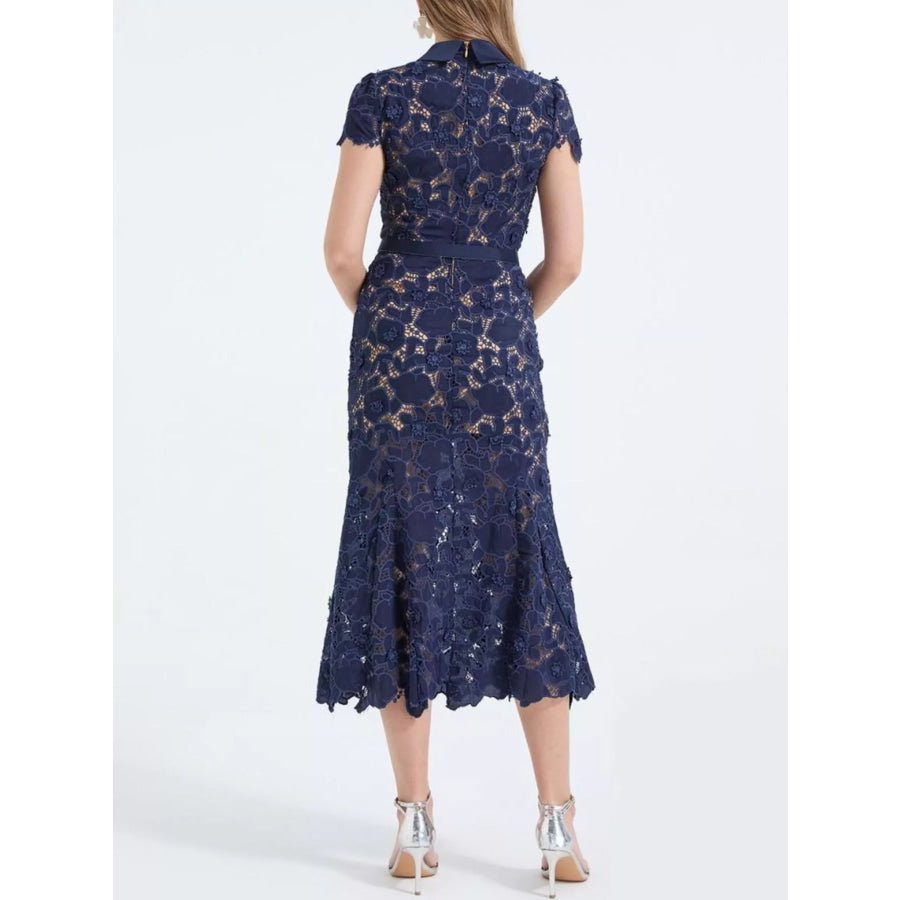 Floral Lace Short Sleeve Midi Dress Apparel and Accessories