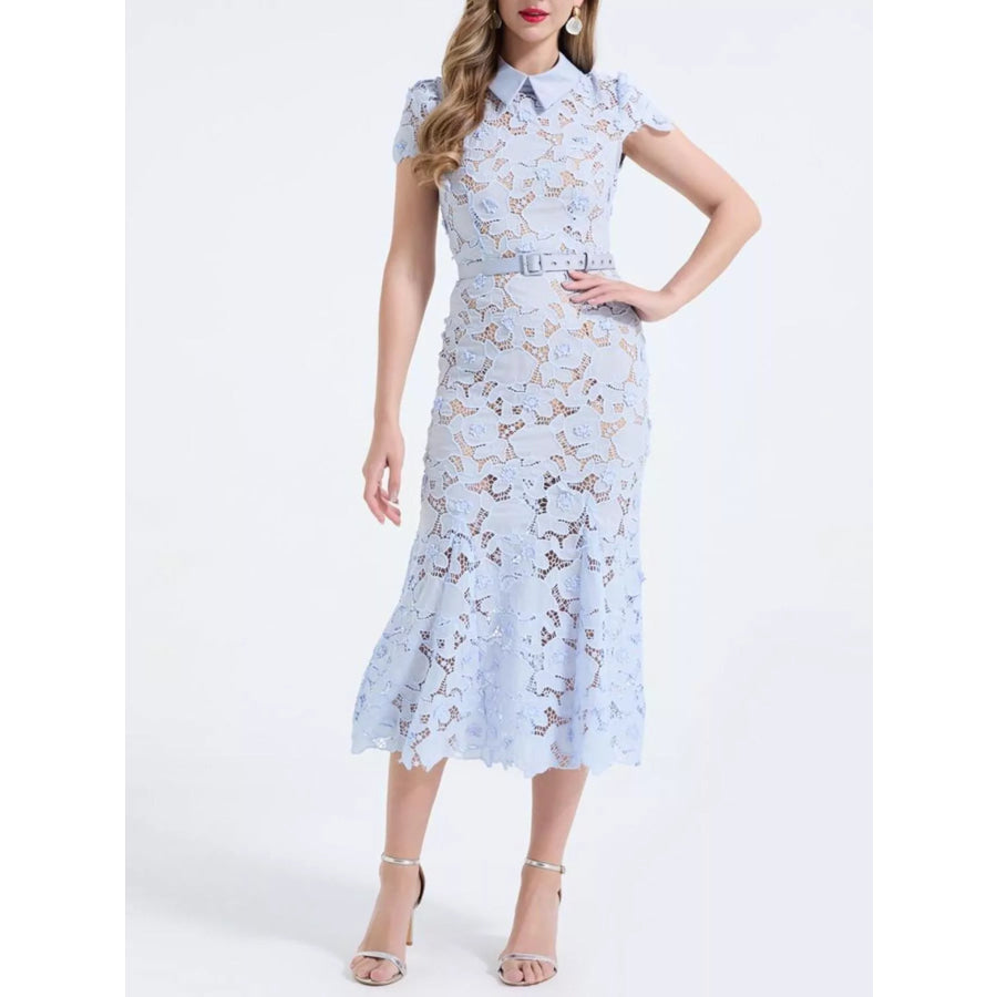 Floral Lace Short Sleeve Midi Dress Apparel and Accessories
