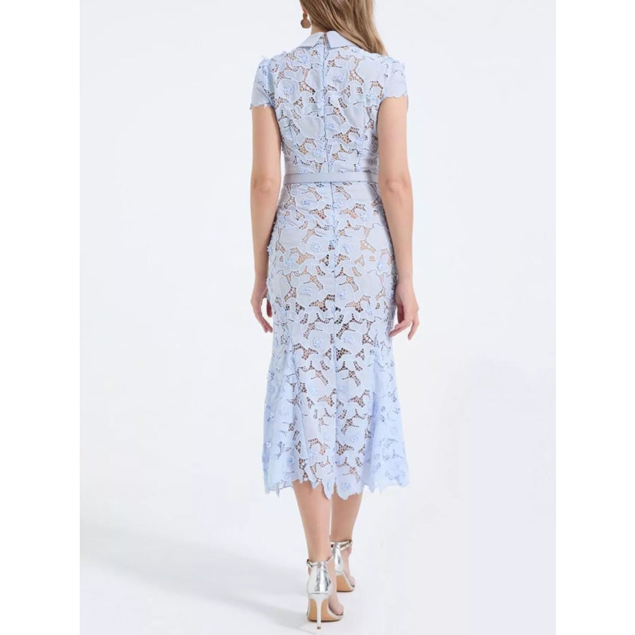 Floral Lace Short Sleeve Midi Dress Apparel and Accessories