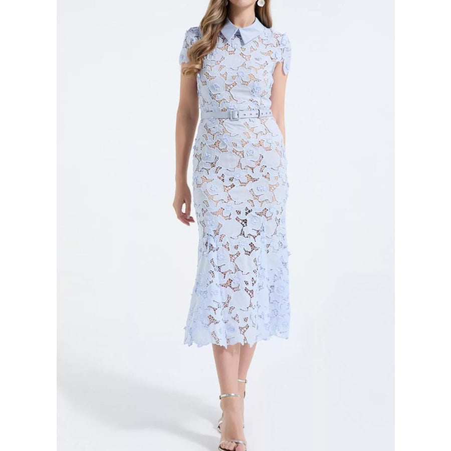 Floral Lace Short Sleeve Midi Dress Apparel and Accessories