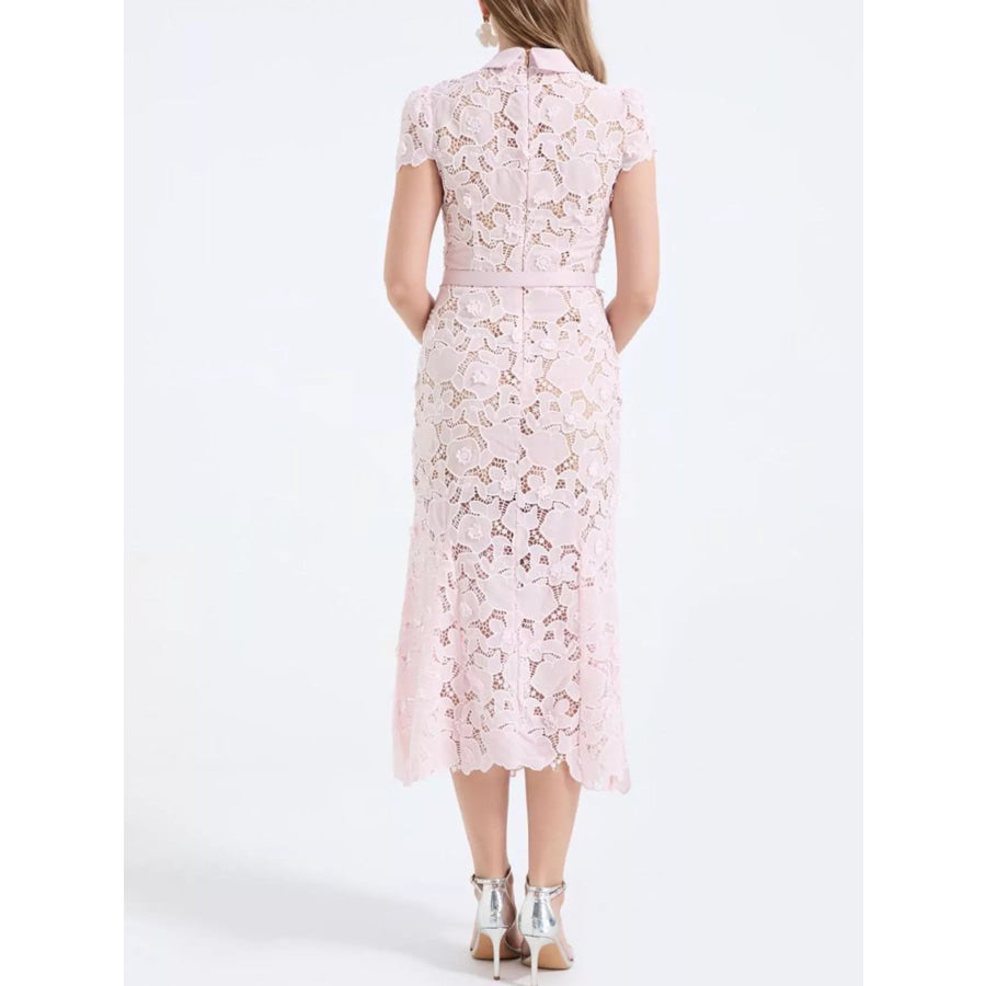 Floral Lace Short Sleeve Midi Dress Apparel and Accessories