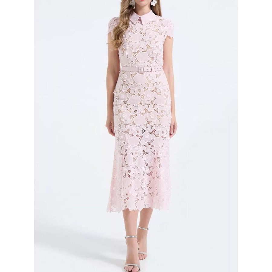 Floral Lace Short Sleeve Midi Dress Apparel and Accessories