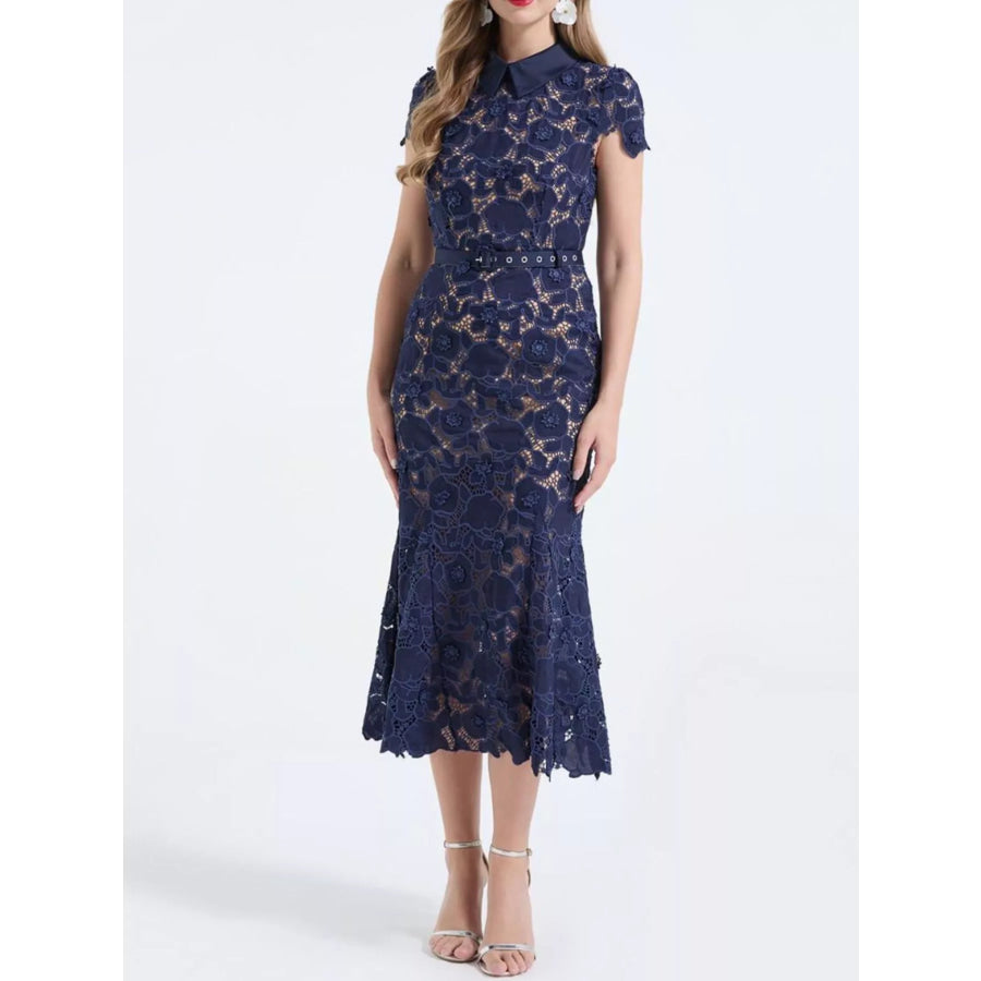 Floral Lace Short Sleeve Midi Dress Apparel and Accessories