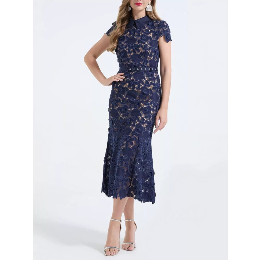 Floral Lace Short Sleeve Midi Dress Apparel and Accessories