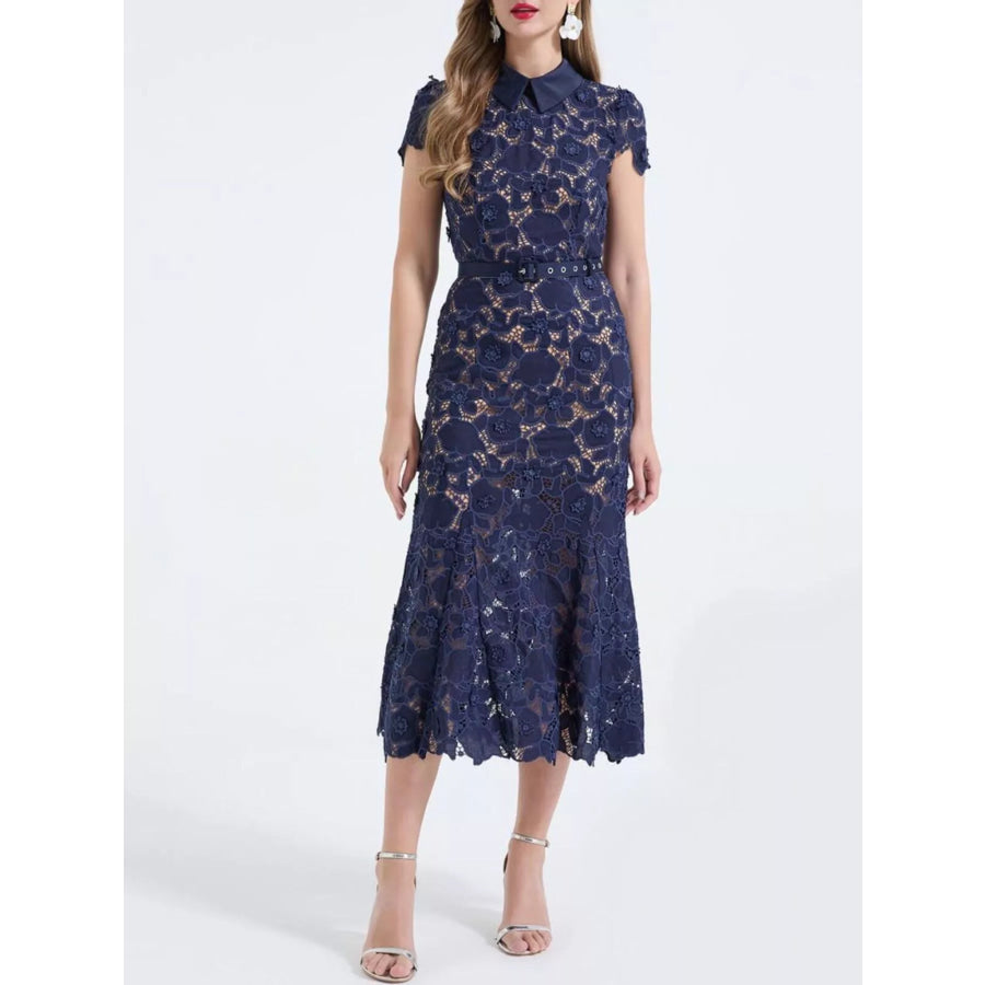 Floral Lace Short Sleeve Midi Dress Apparel and Accessories