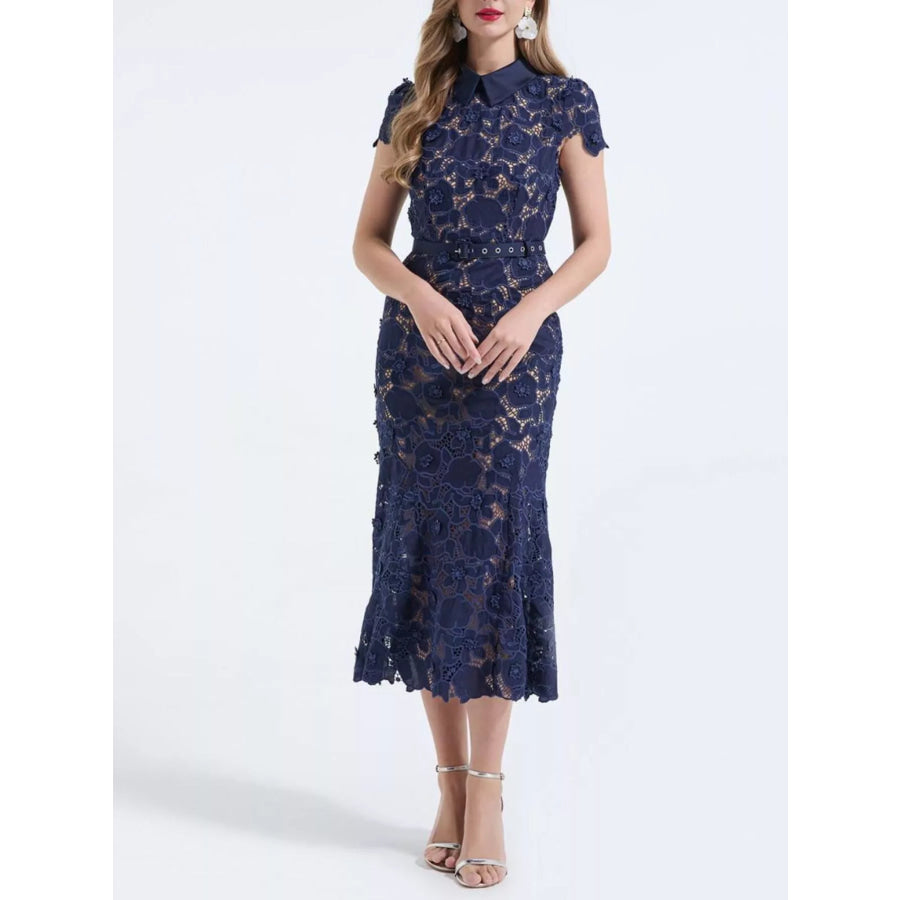Floral Lace Short Sleeve Midi Dress Apparel and Accessories