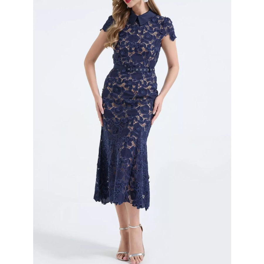 Floral Lace Short Sleeve Midi Dress Dark Blue / S Apparel and Accessories
