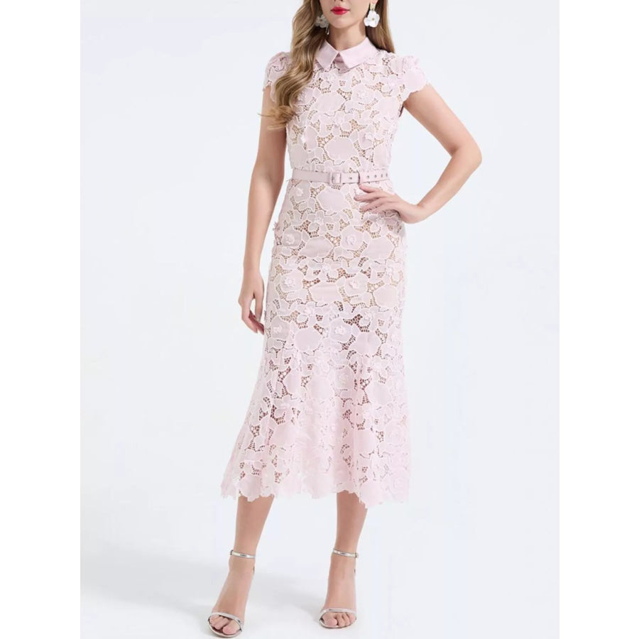 Floral Lace Short Sleeve Midi Dress Pink / S Apparel and Accessories