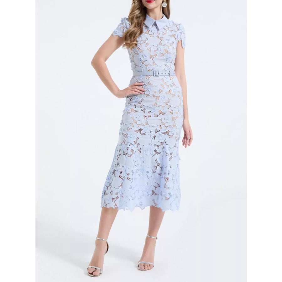 Floral Lace Short Sleeve Midi Dress Sky Blue / S Apparel and Accessories