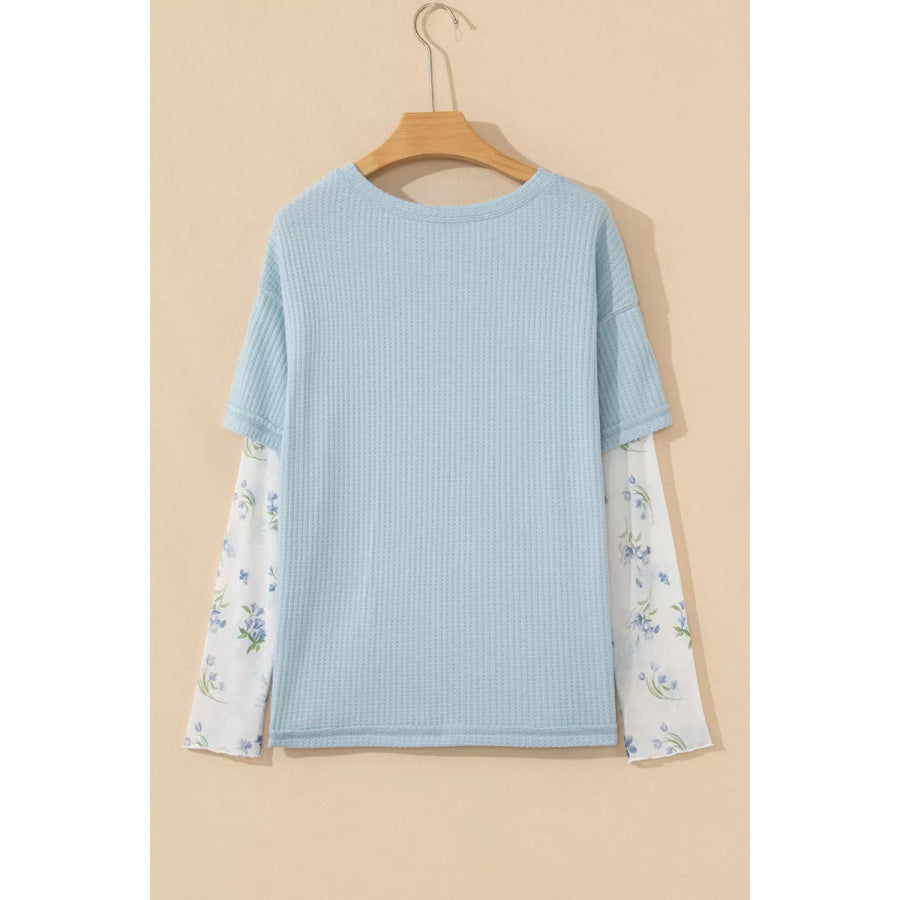 Floral Lace Sleeve Patchwork Waffle Fake Two-Piece Top Apparel and Accessories