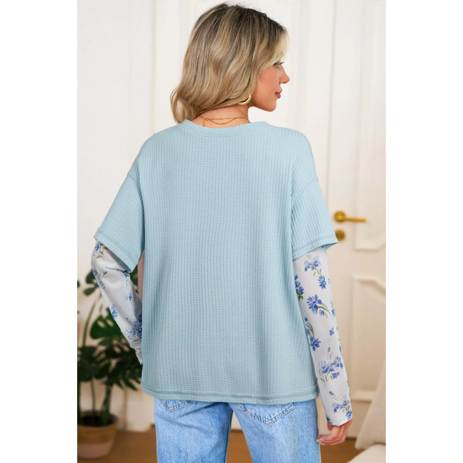Floral Lace Sleeve Patchwork Waffle Fake Two-Piece Top Apparel and Accessories