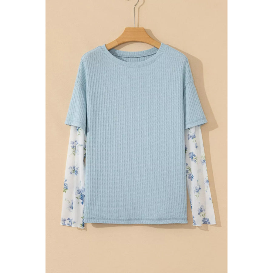Floral Lace Sleeve Patchwork Waffle Fake Two-Piece Top Apparel and Accessories