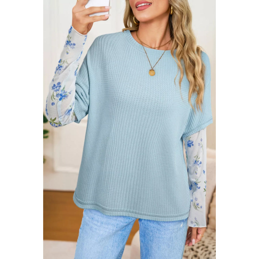 Floral Lace Sleeve Patchwork Waffle Fake Two-Piece Top Light Blue / S Apparel and Accessories