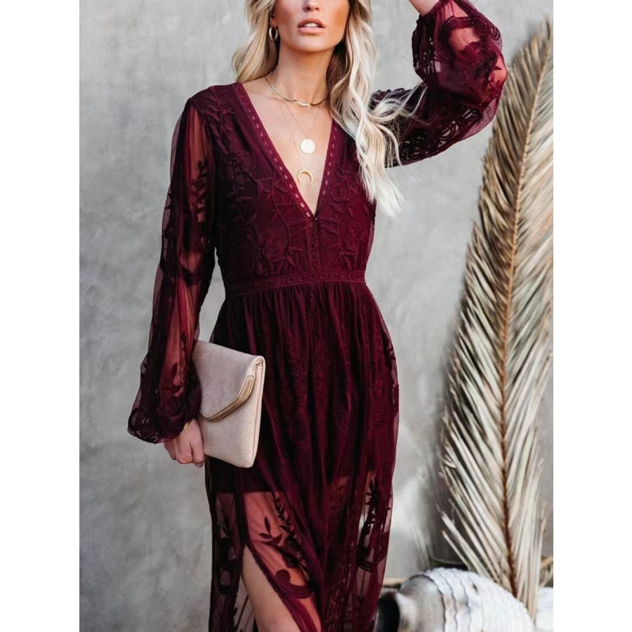 Floral Lace Slit Maxi Dress Apparel and Accessories
