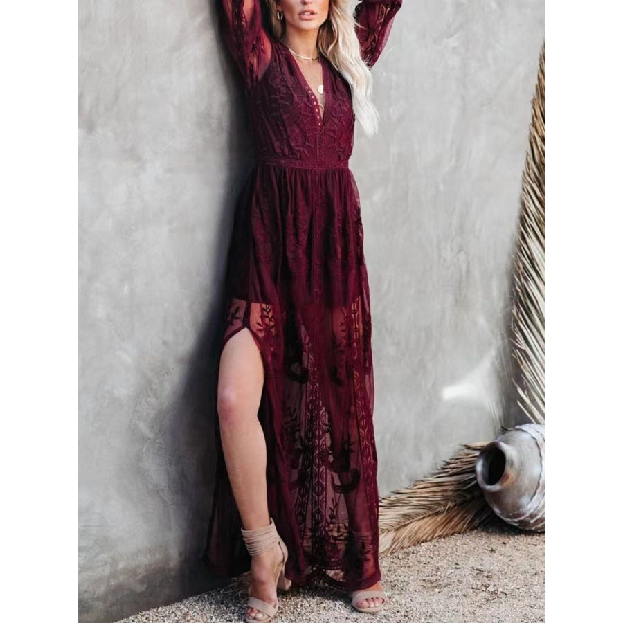 Floral Lace Slit Maxi Dress Apparel and Accessories