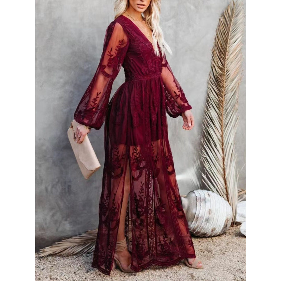 Floral Lace Slit Maxi Dress Apparel and Accessories
