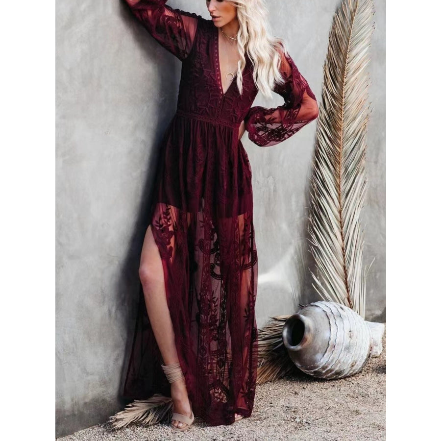 Floral Lace Slit Maxi Dress Burgundy / S Apparel and Accessories