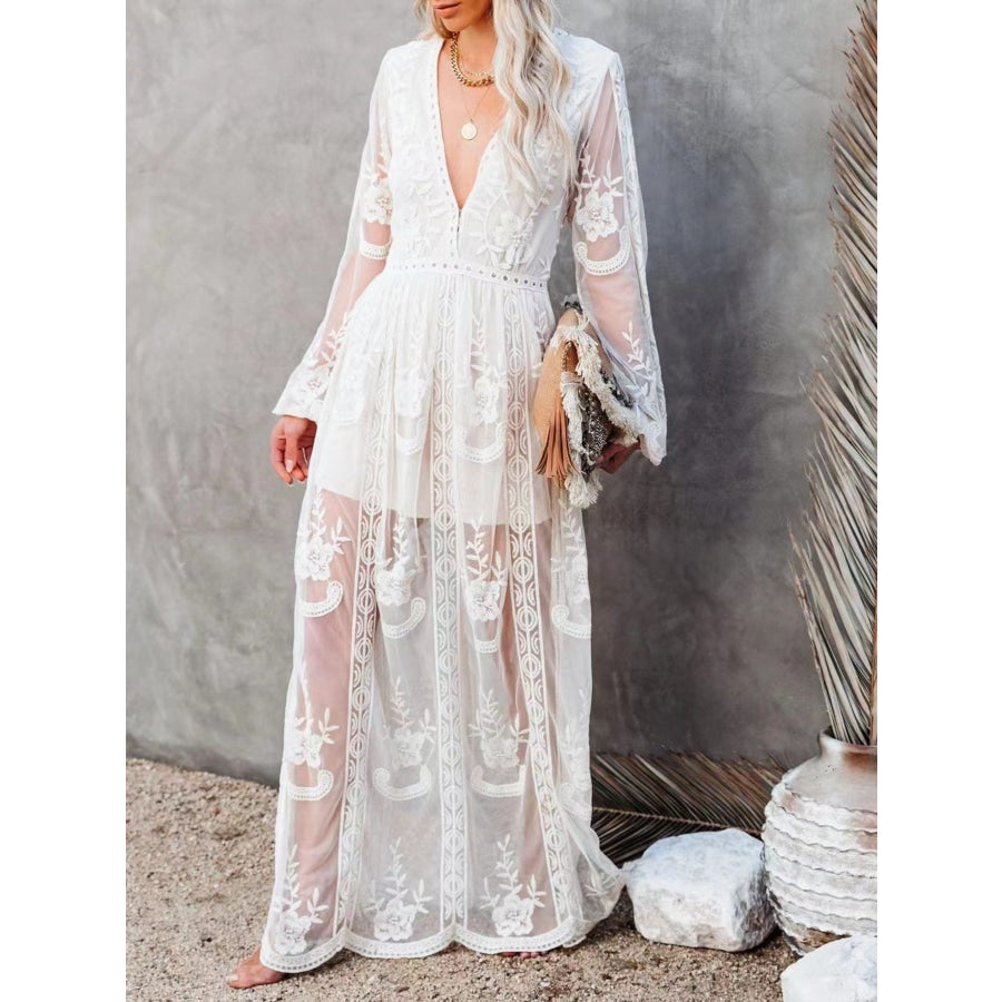 Floral Lace Slit Maxi Dress White / S Apparel and Accessories