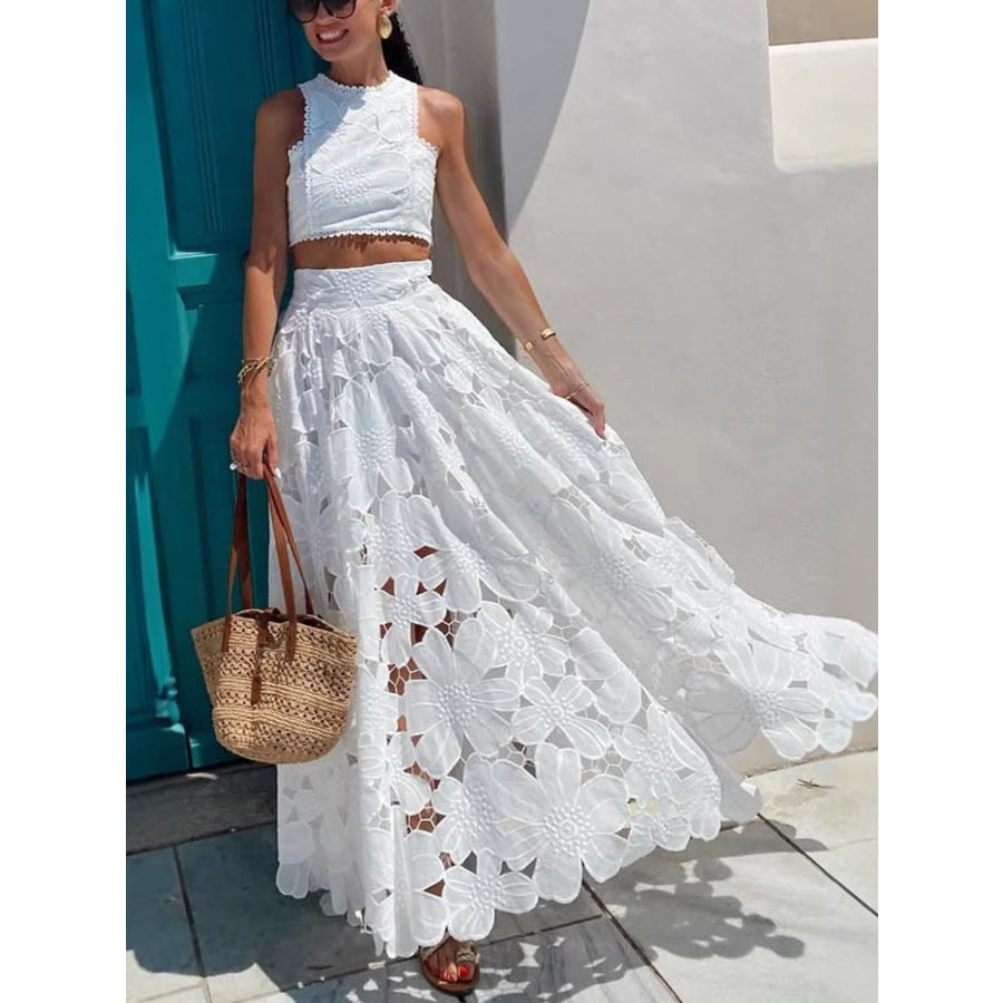 Floral Lace Tank and Skirt Set White / S Apparel and Accessories