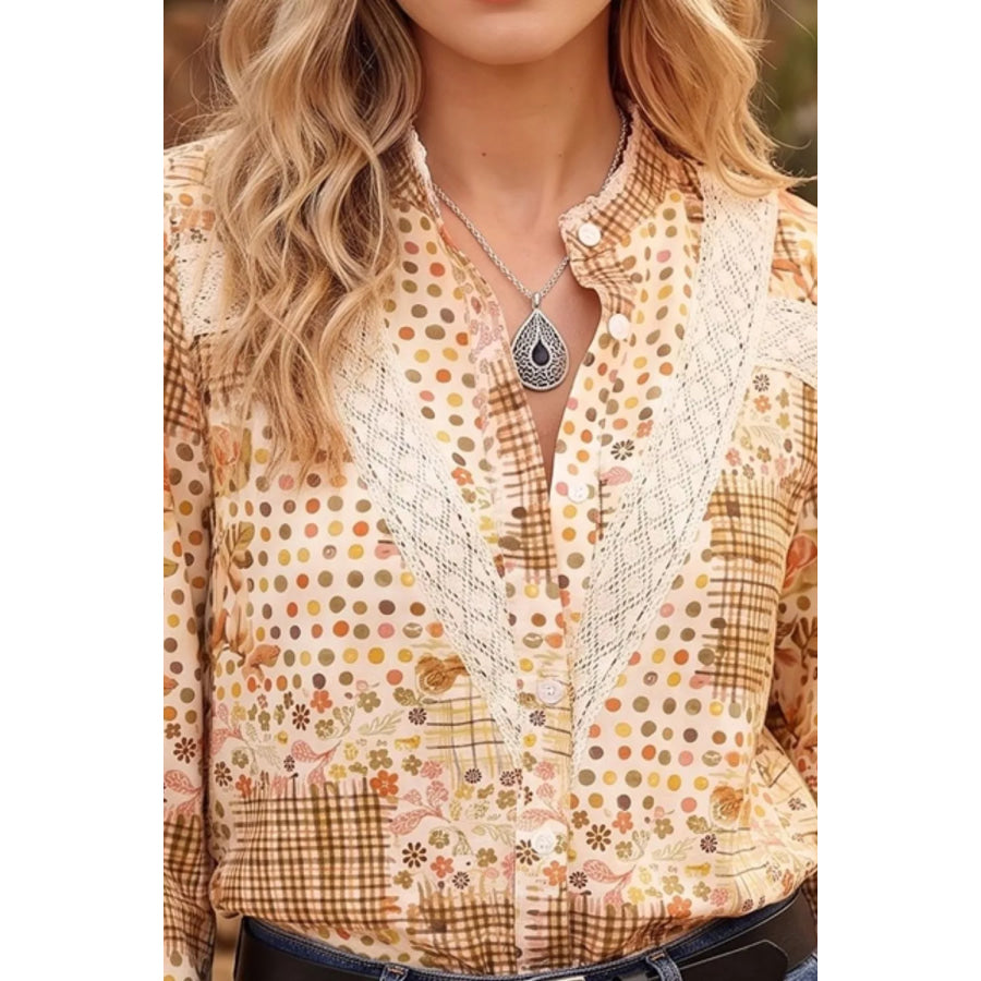 Floral Lace Trim Button Down Long Sleeve Shirt Apparel and Accessories