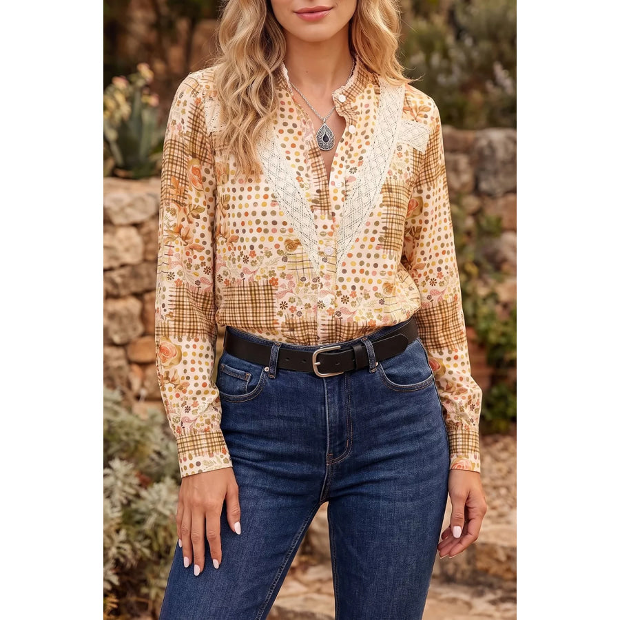 Floral Lace Trim Button Down Long Sleeve Shirt Apparel and Accessories