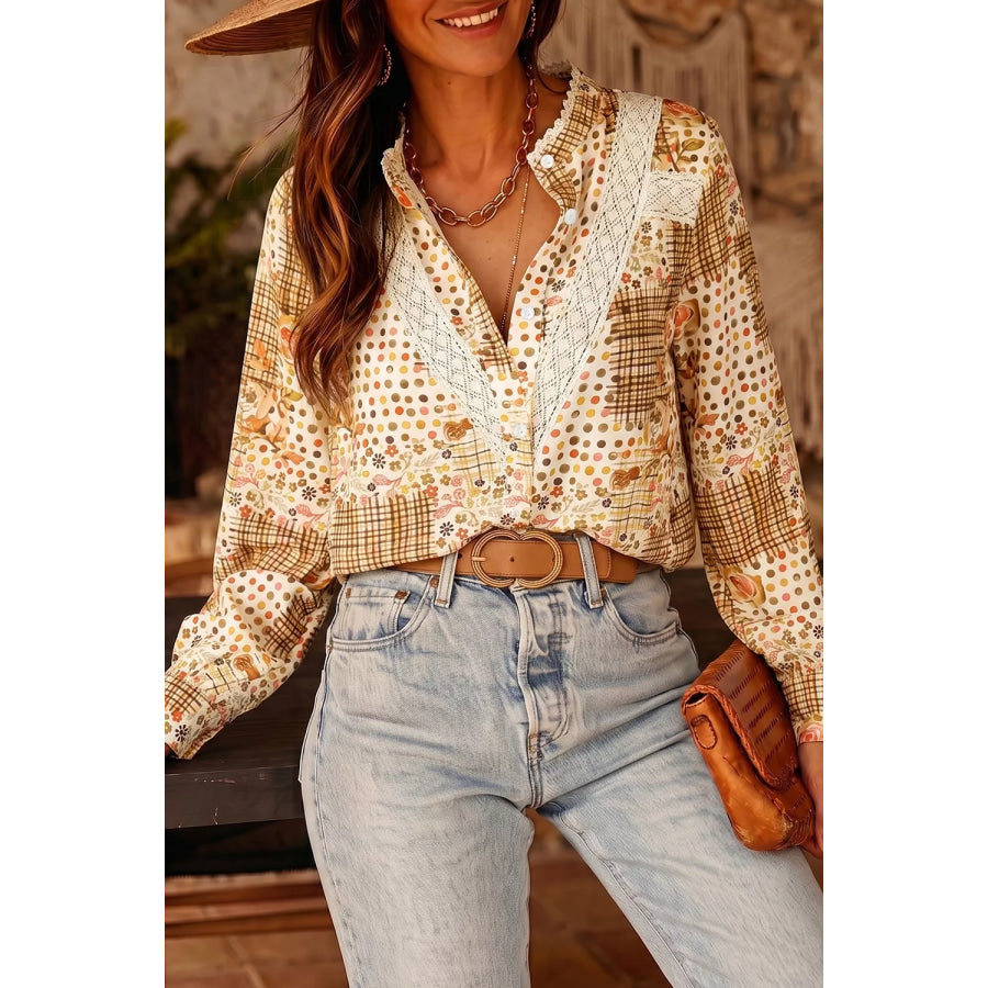 Floral Lace Trim Button Down Long Sleeve Shirt Tan / S Apparel and Accessories