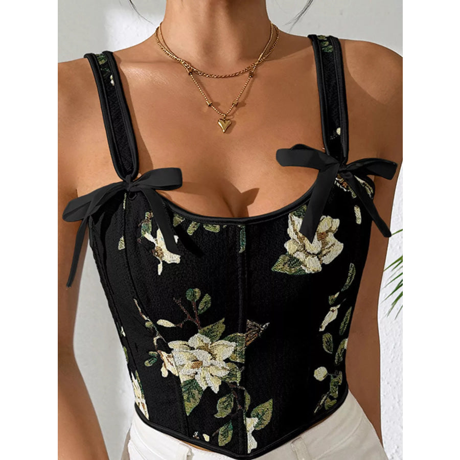 Floral Lace Up Back Tank Black / XS Apparel and Accessories
