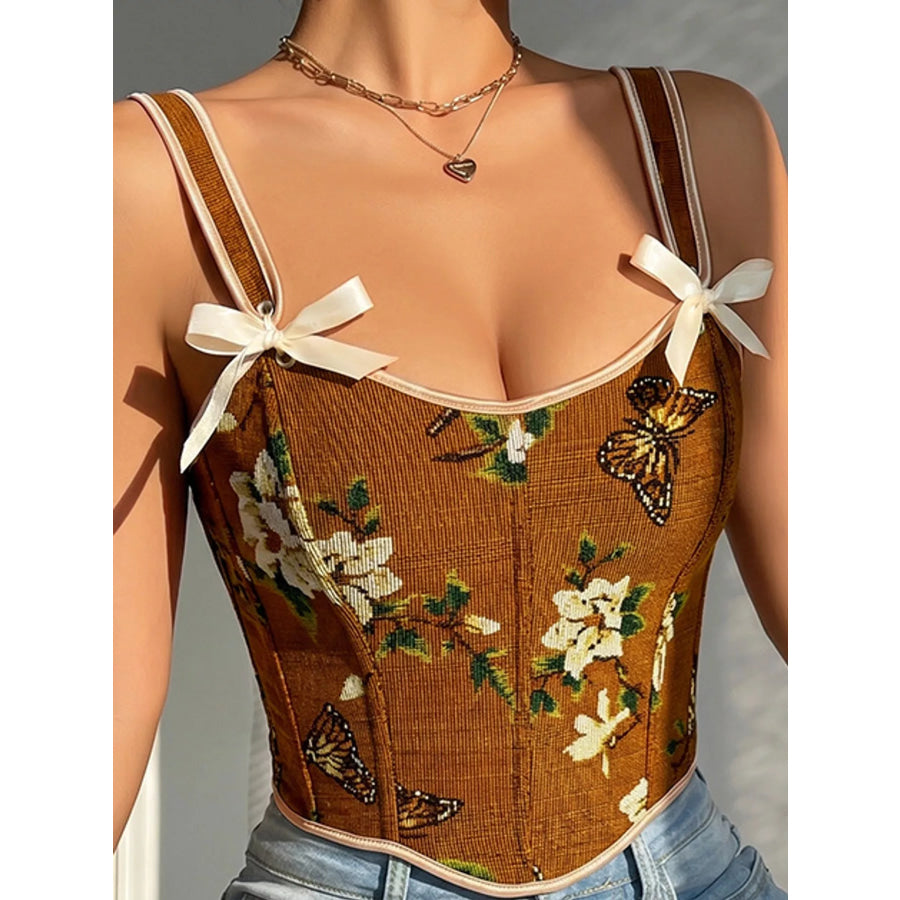 Floral Lace Up Back Tank Brown / XS Apparel and Accessories