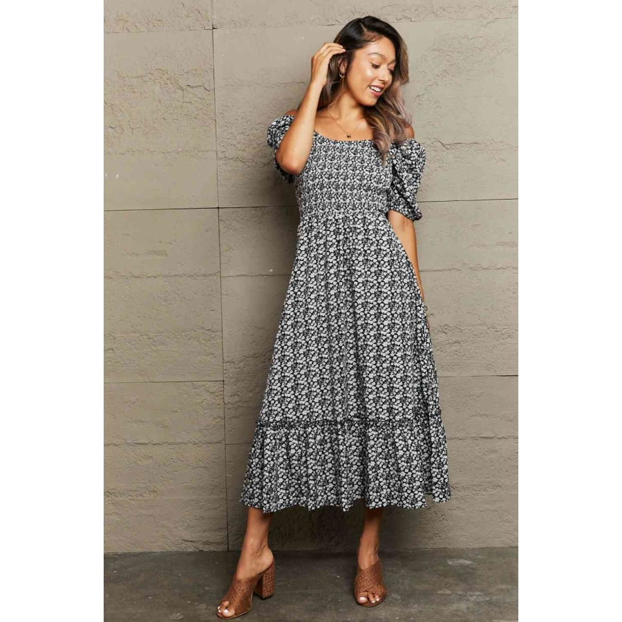 Floral Lace-Up Off-Shoulder Midi Dress Black / S