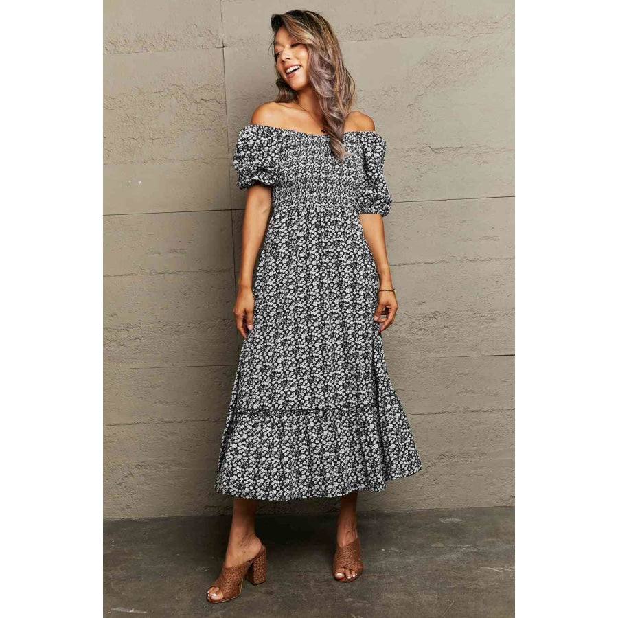 Floral Lace-Up Off-Shoulder Midi Dress