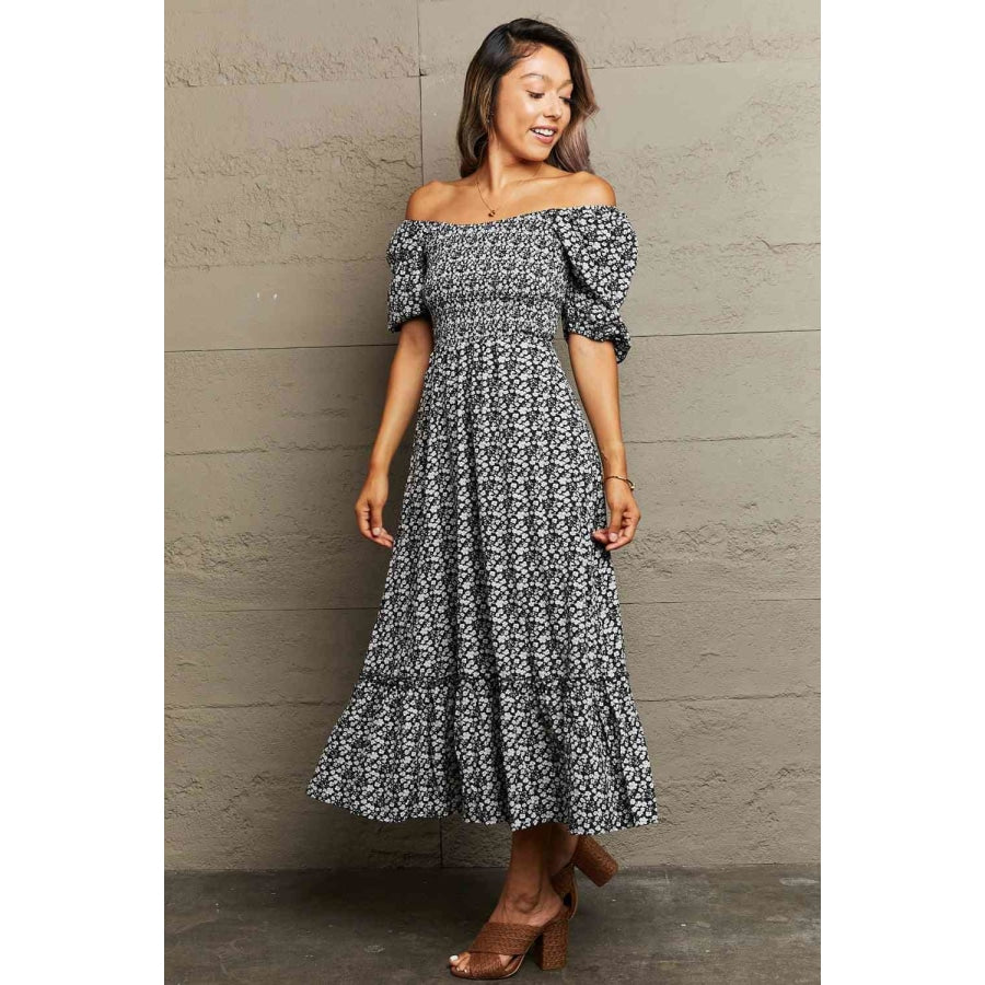 Floral Lace-Up Off-Shoulder Midi Dress