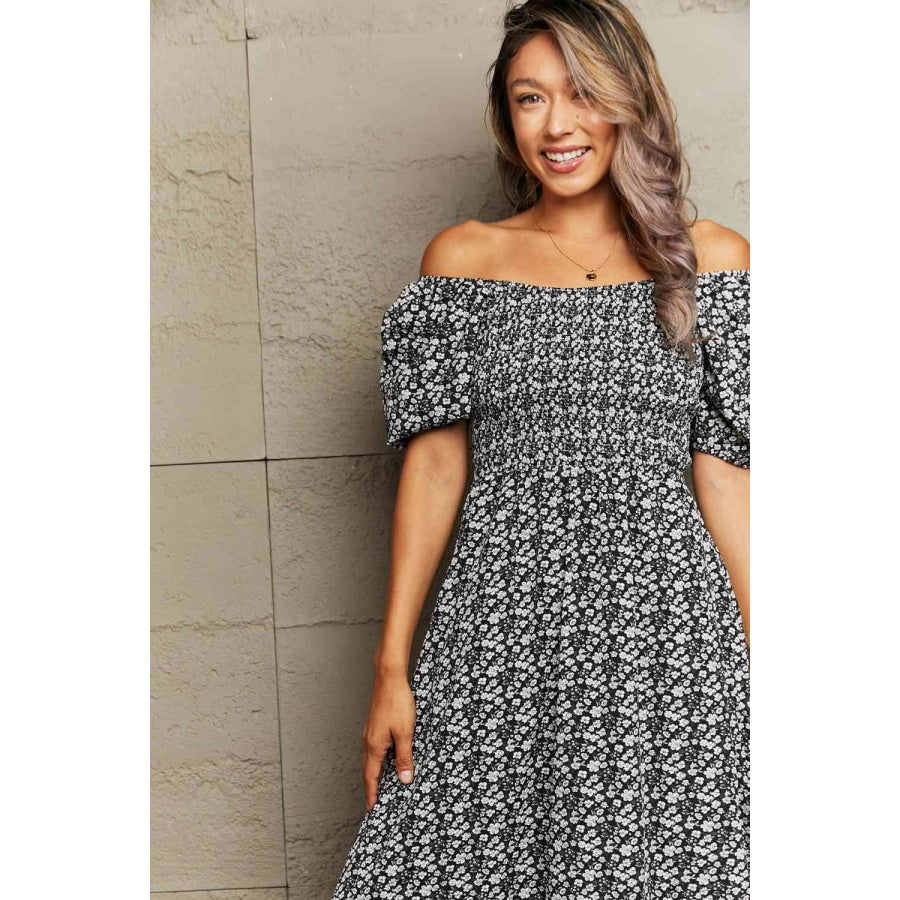 Floral Lace-Up Off-Shoulder Midi Dress