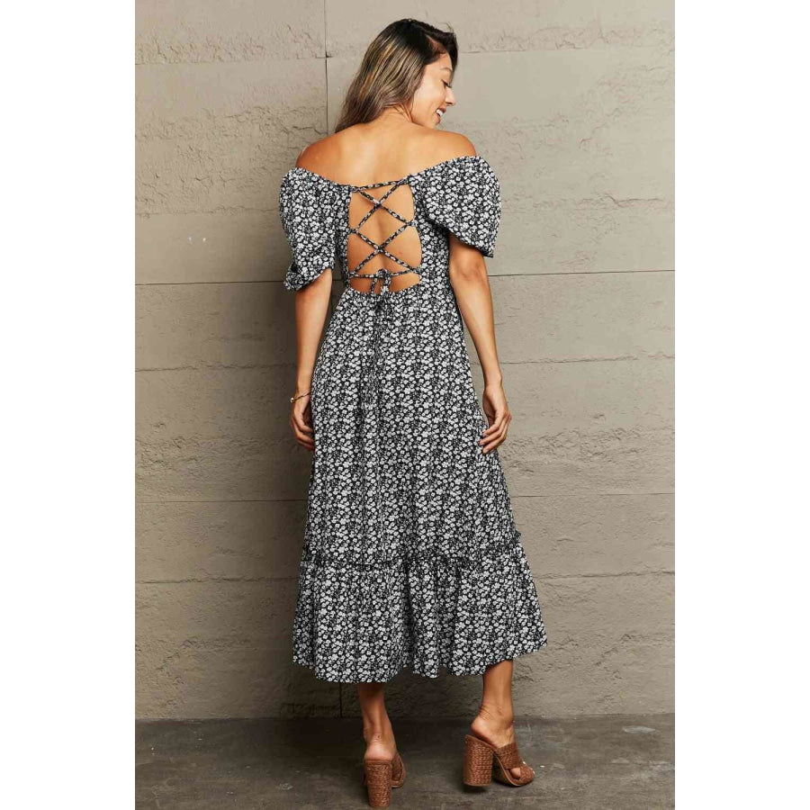 Floral Lace-Up Off-Shoulder Midi Dress Black / S