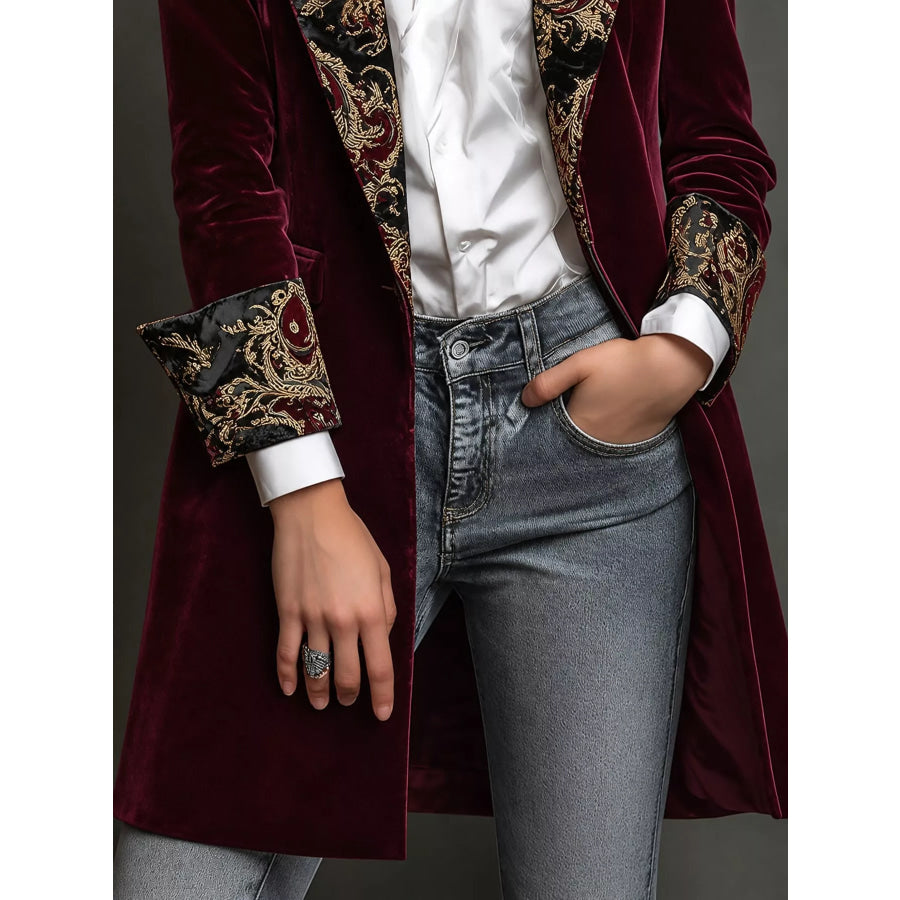 Floral Lapels and Cuffs Velvet Blazer Apparel Accessories