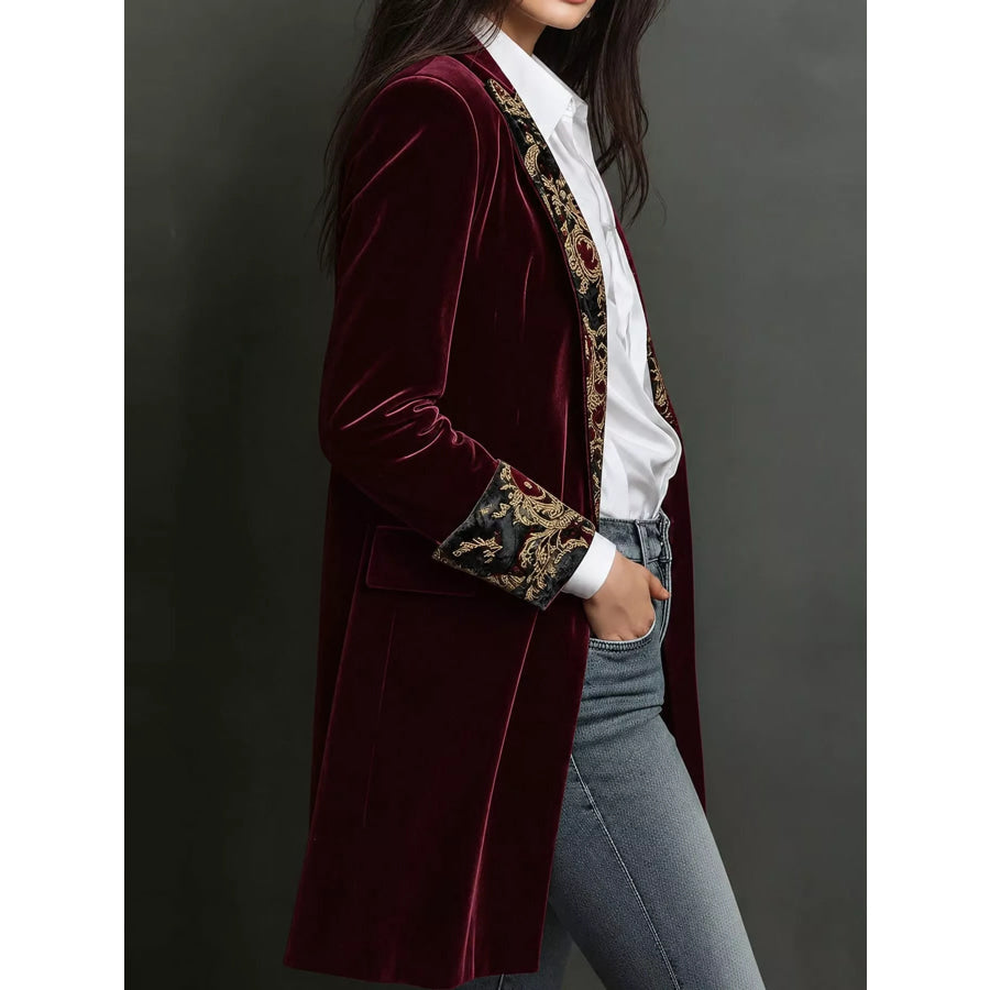 Floral Lapels and Cuffs Velvet Blazer Apparel Accessories