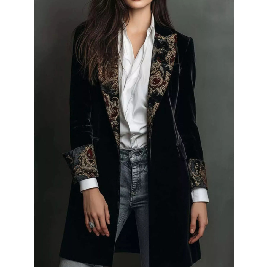 Floral Lapels and Cuffs Velvet Blazer Black (with Lining) / S Apparel Accessories