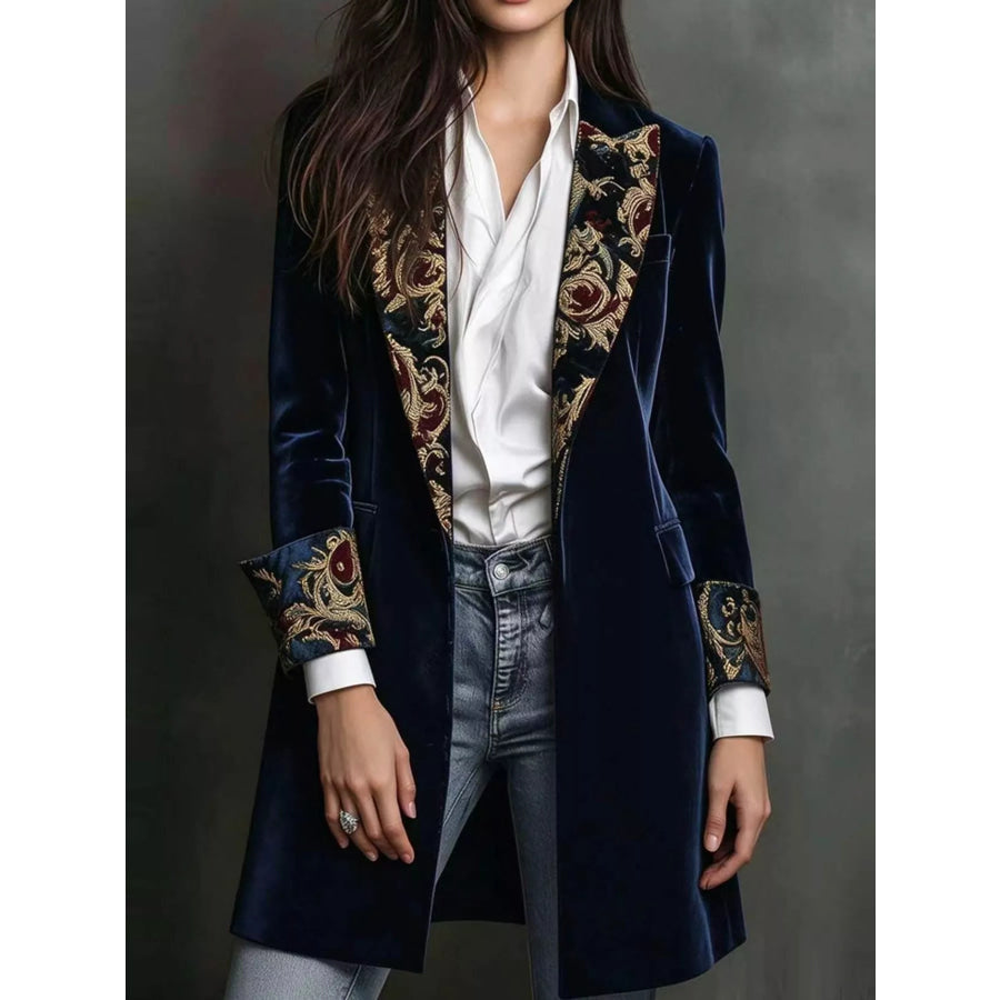 Floral Lapels and Cuffs Velvet Blazer Blue (with Lining) / S Apparel Accessories