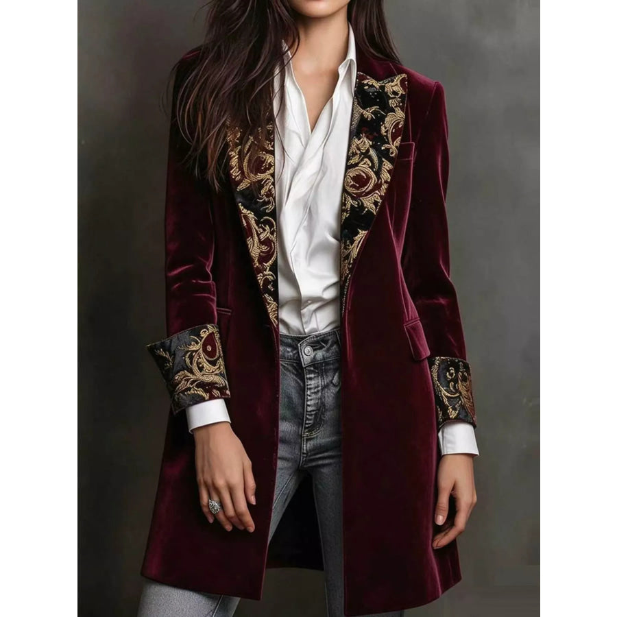Floral Lapels and Cuffs Velvet Blazer Burgundy (with Lining) / S Apparel Accessories