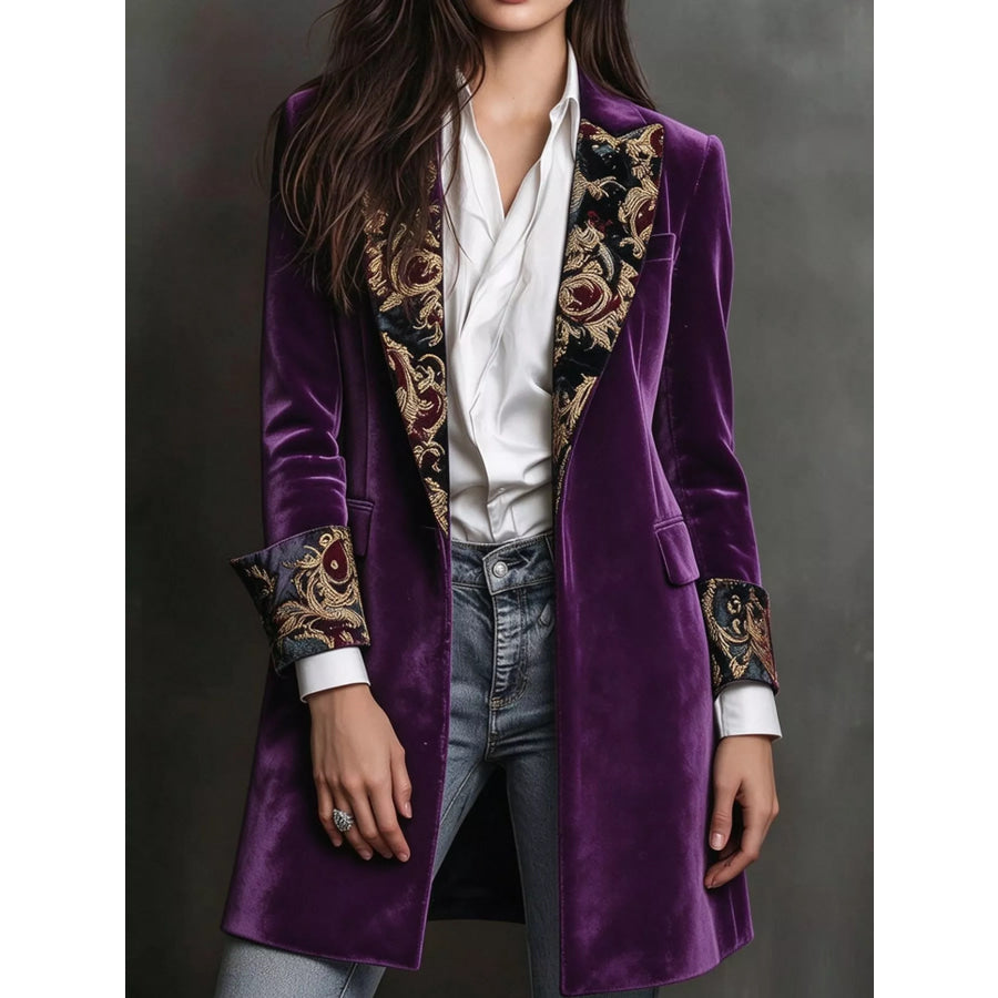 Floral Lapels and Cuffs Velvet Blazer Purple (with Lining) / S Apparel Accessories